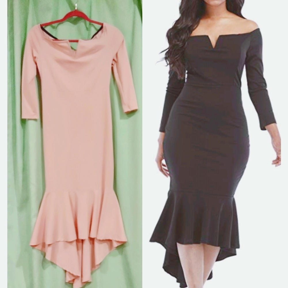 Fishtail Midi off-shoulder Long sleeve cocktail